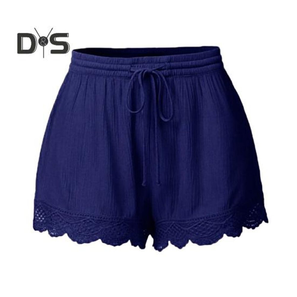 (blue, S) Women Summer Shorts Elastic Drawstring Waist Solid Color Lace Trim Shorts Loose Fit Elastic Tight Yoga Pants