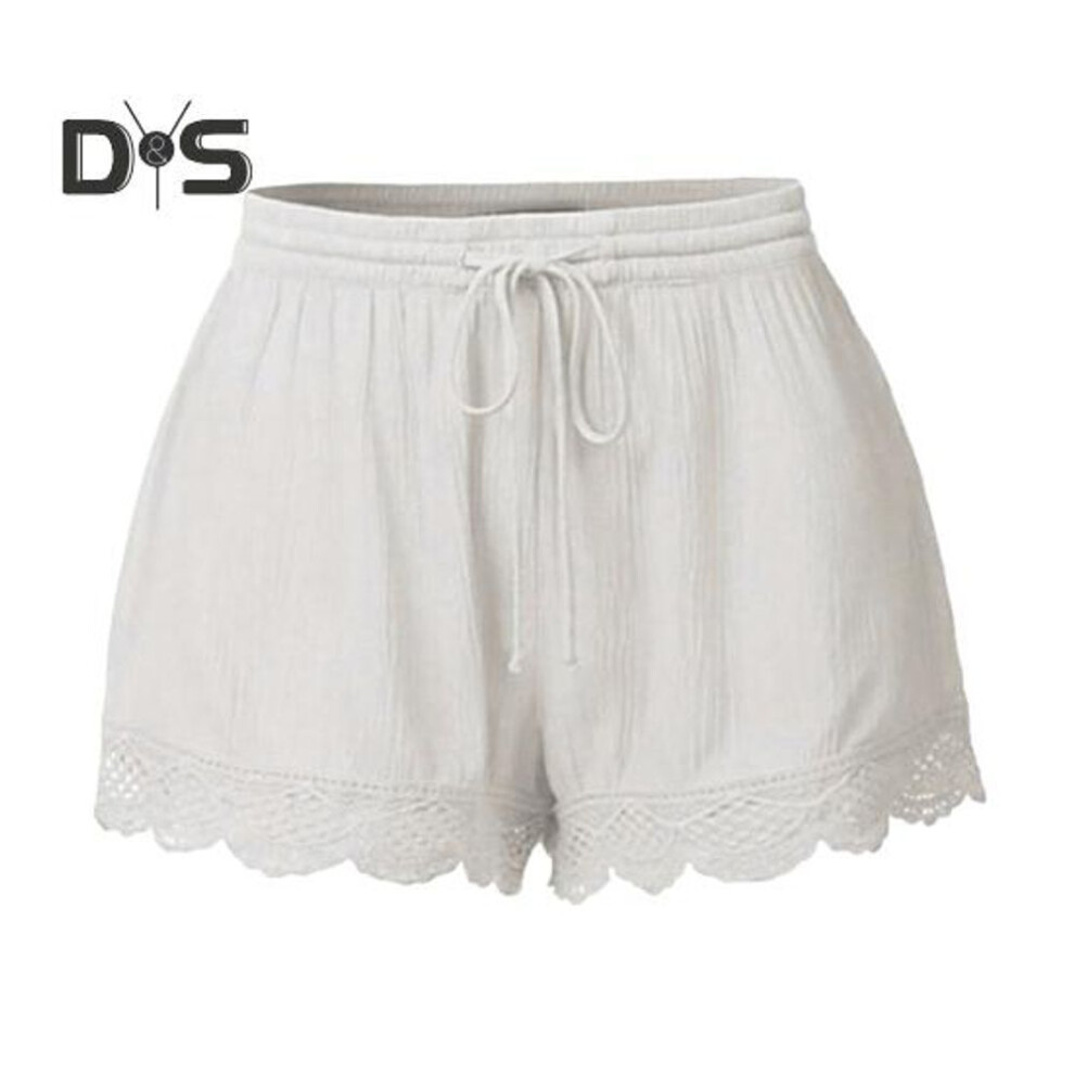 (white, S) Women Summer Shorts Elastic Drawstring Waist Solid Color Lace Trim Shorts Loose Fit Elastic Tight Yoga Pants