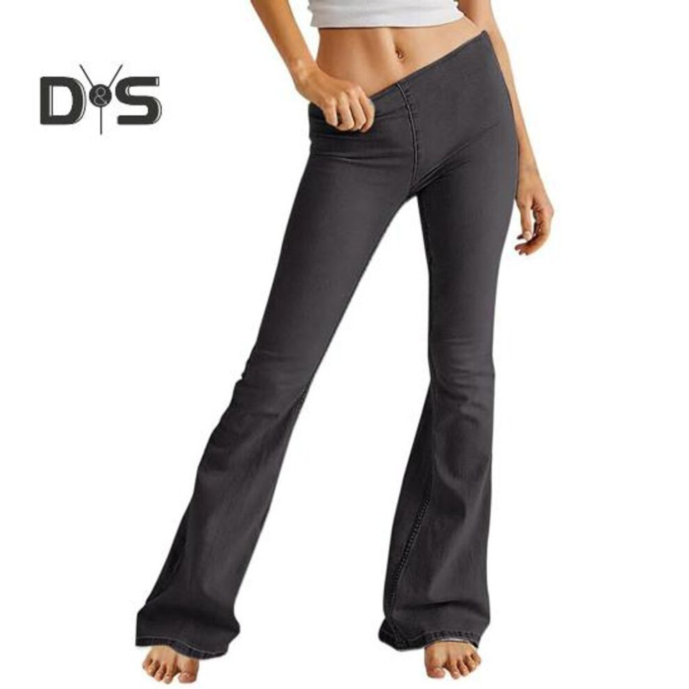 (black, XXL) Lady Jeans Elastic Slim Fit Flared Leg Mid Waist Solid Color Long Trousers Daily Casual Denim Pants for Travel Commuting