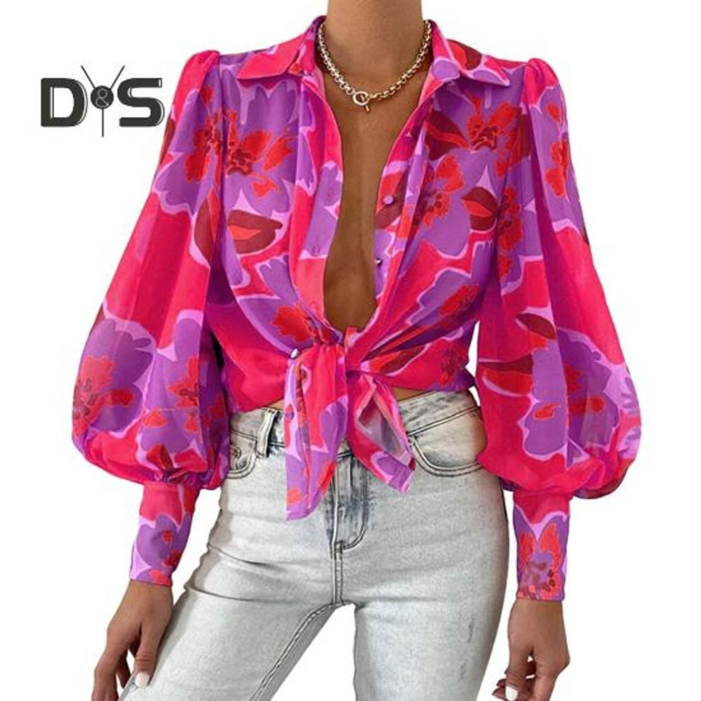 (M, rose red) Women Lapel Puff Long Sleeve Shirt Tops Flower Printing Single breasted Loose Fit Thin Blouse Workwear