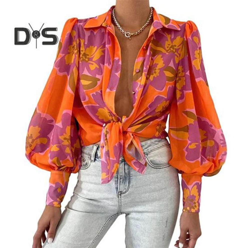 (XL, orange) Women Lapel Puff Long Sleeve Shirt Tops Flower Printing Single breasted Loose Fit Thin Blouse Workwear