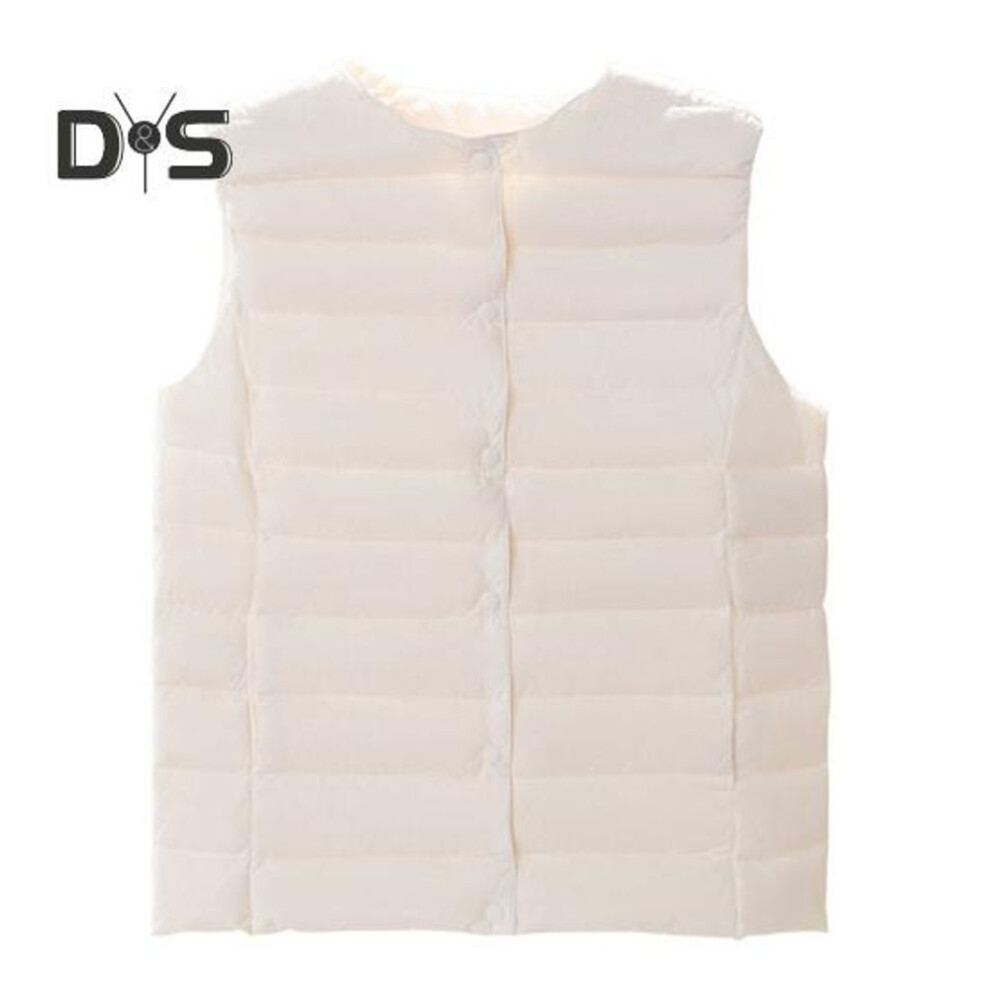 (white, M) Winter Women Layering Vest Coat With Storage Bag Thin Padded Button Closure Round Neck Sleeveless Solid Color Windproof Heat Retention Outdoor Down
