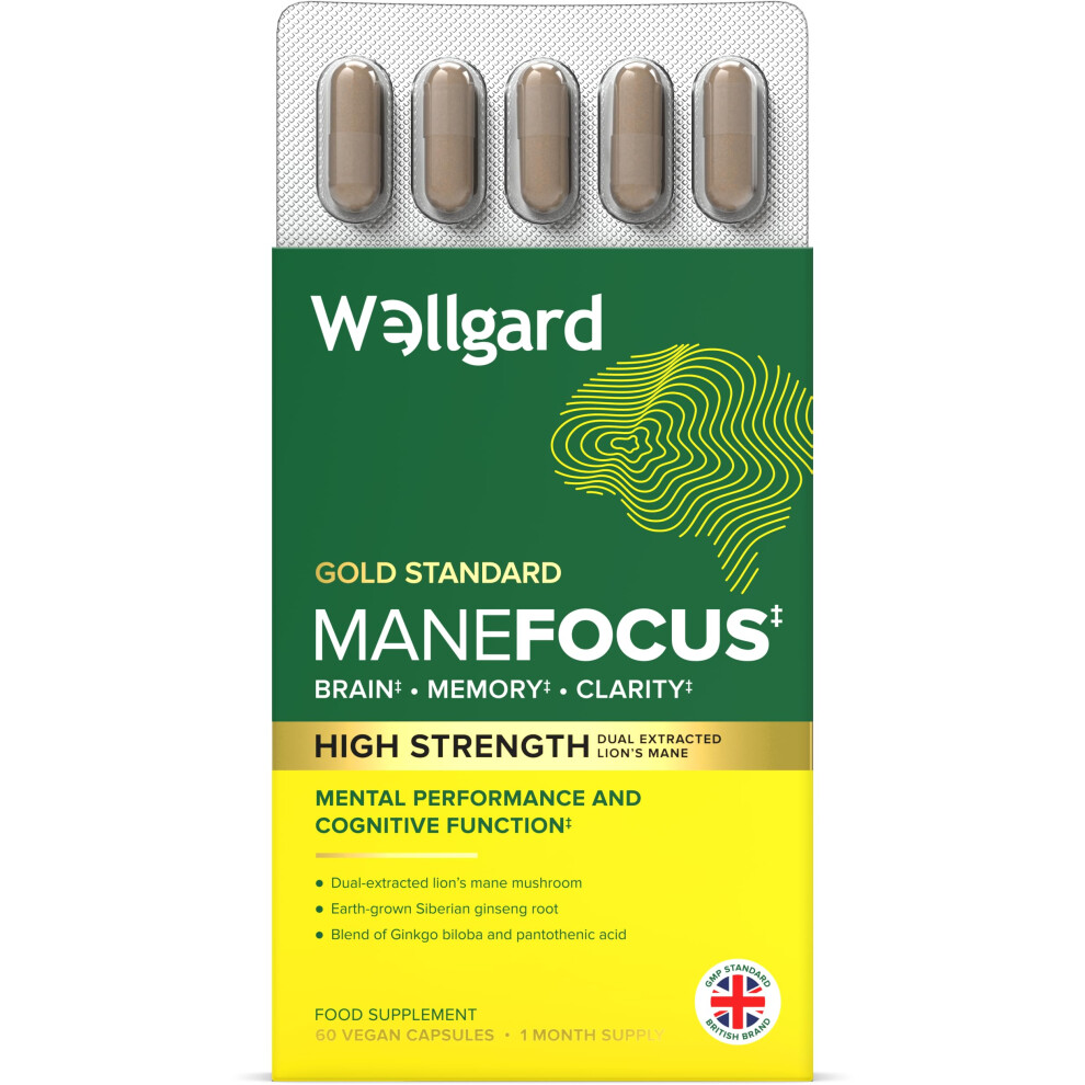Wellgard Manefocus Â High Absorption Lions Mane Supplement For Mental Performance, Brain Health, Memory, Clarity, 60 Capsules