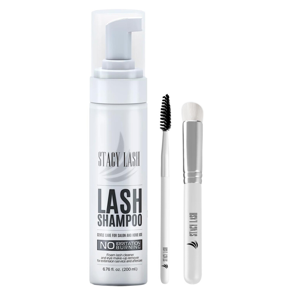 Stacy Lash 6.76 Fl.oz / 200Ml Eyelash Extension Shampoo + Brush/Eyelid Foaming Cleanser/Wash For Extensions & Natural Lashes/Safe Makeup Remover/Supplies For