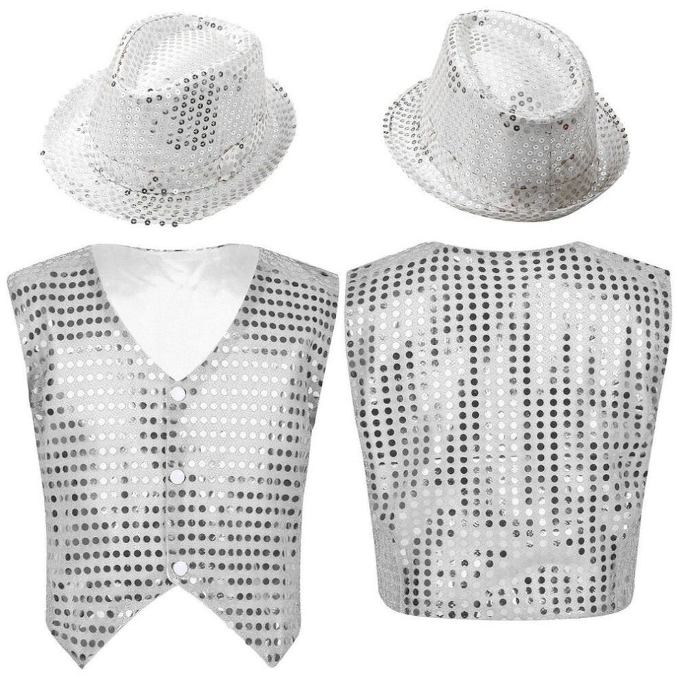 (white, 5-6 Years) Kids Boys Glittery Sequined Waistcoat With Hat For Jazz Dance Stage Performance Costume