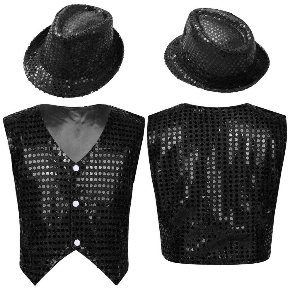 (black, 13-14 Years) Kids Boys Glittery Sequined Waistcoat with Hat for Jazz Dance Stage Performance Costume