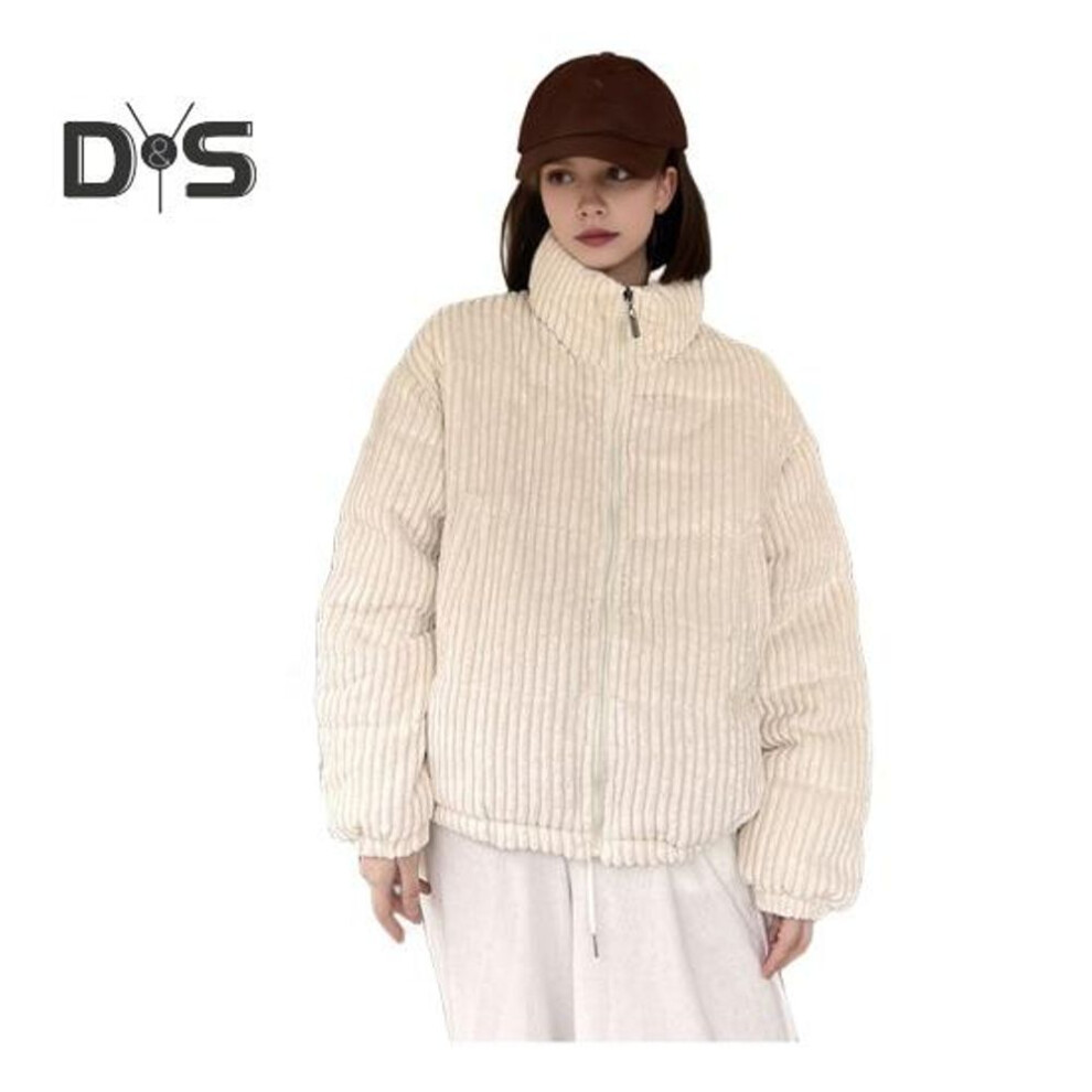 (beige, M) Women's Winter Jacket Corduroy Puffer Short Down Jacket Warm Quilted Cotton Coat Stand Collar Outerwear for Daily Life Work School
