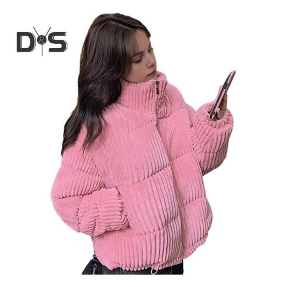 (pink, S) Women's Winter Jacket Corduroy Puffer Short Down Jacket Warm Quilted Cotton Coat Stand Collar Outerwear for Daily Life Work School