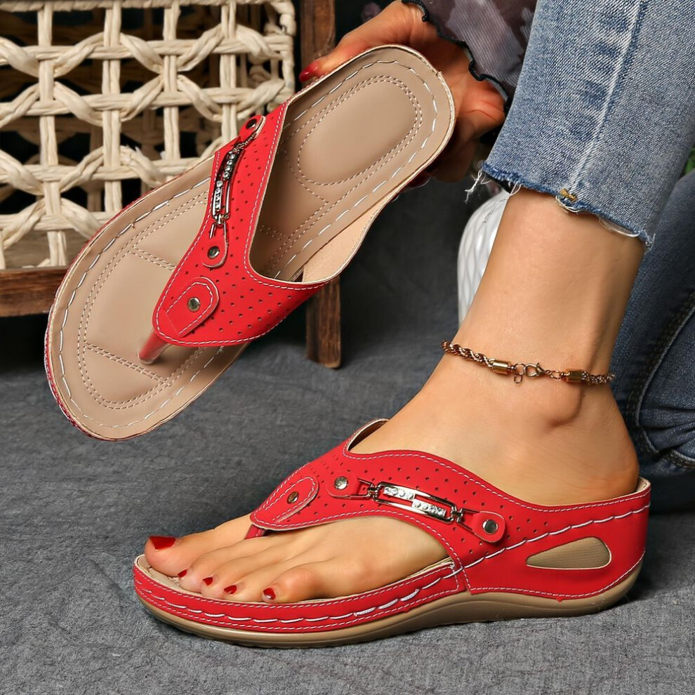 (red, 40) Women's Simple Solid Color Wedge Sandals, Casual And Versatile Open Toe Thick Soled Slippers, Comfortable And Non Slip Wedge Sandals For Summer
