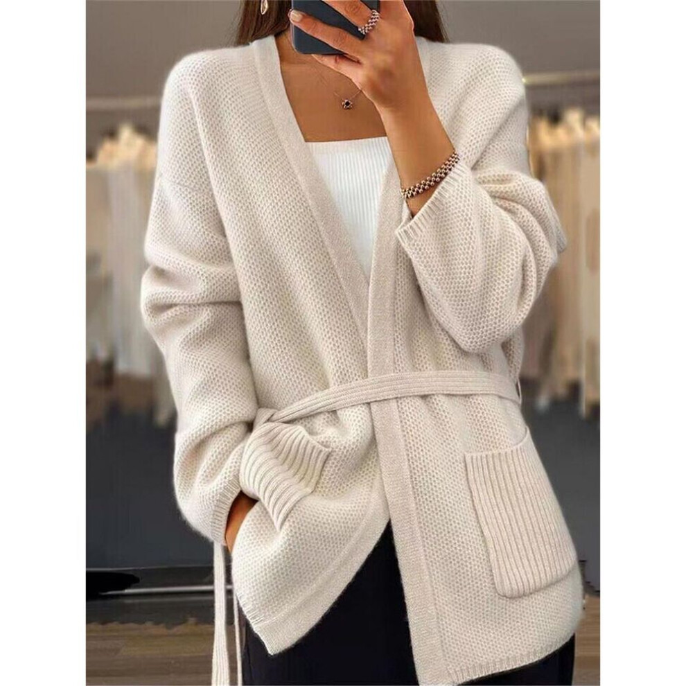 (L, off white) 2024 Women's Autumn/Winter Solid Color Knitted Cardigan with Pockets and Lace-Up Design