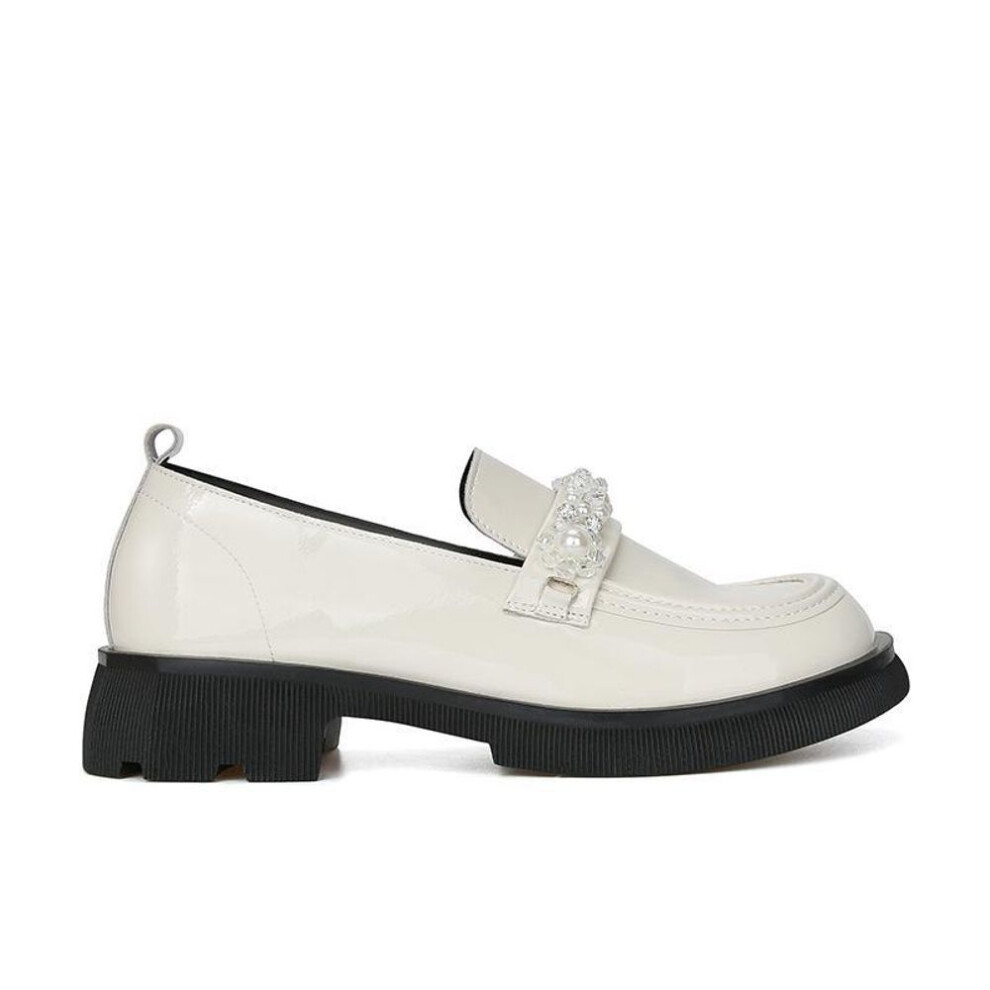 (apricot, 38) 2024 Women's Handmade Genuine Leather Crystal Buckle Loafers - Thick Heel & Sole
