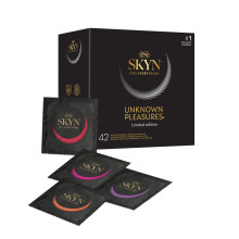 Unknown Pleasures (Pack of 42): Assortment of Smooth and Textured Surface Latex Free Condoms for Men, SKYNFEEL Technology, Lubricated, 53mm Nominal