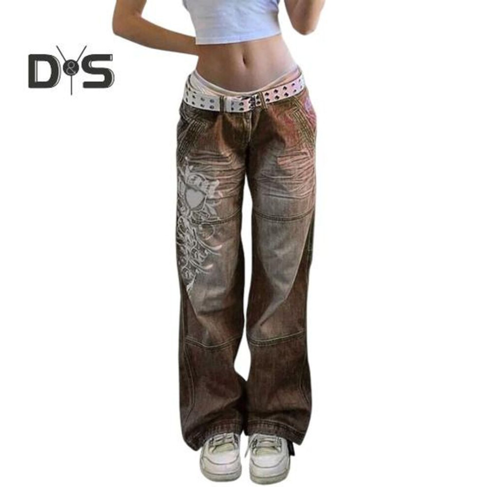 (coffee, M) Women Jeans Mid Waist Irregular Individual Printing Retro Style Straight Wide Leg Patchwork Full Length Trousers for Vacation Travel Work School