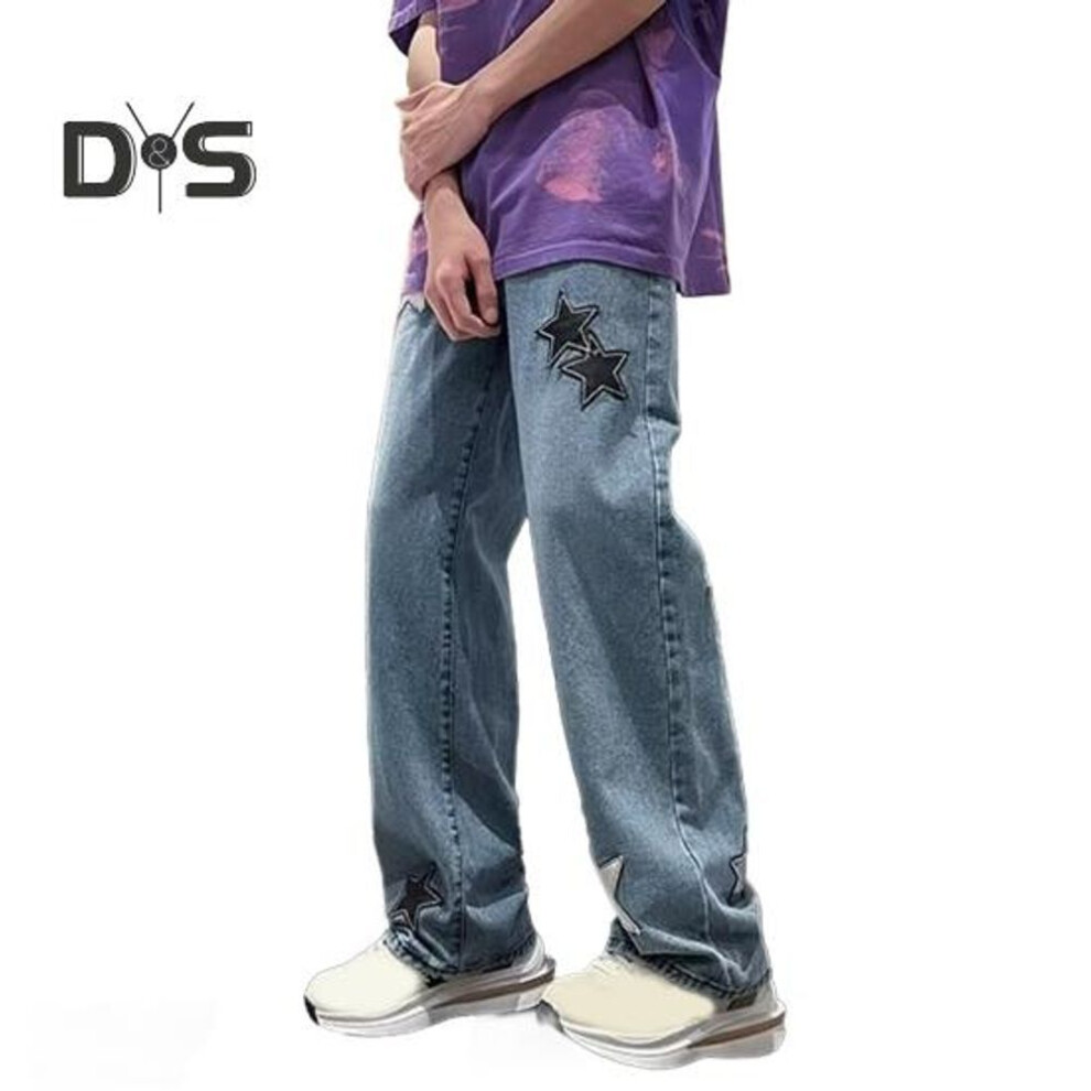 (blue, M) Women's High Waist Wide Leg Jeans 90s Aesthetic Star Patchwork Trousers Casual Straight Leg Baggy Denim Pants For Teens Girls