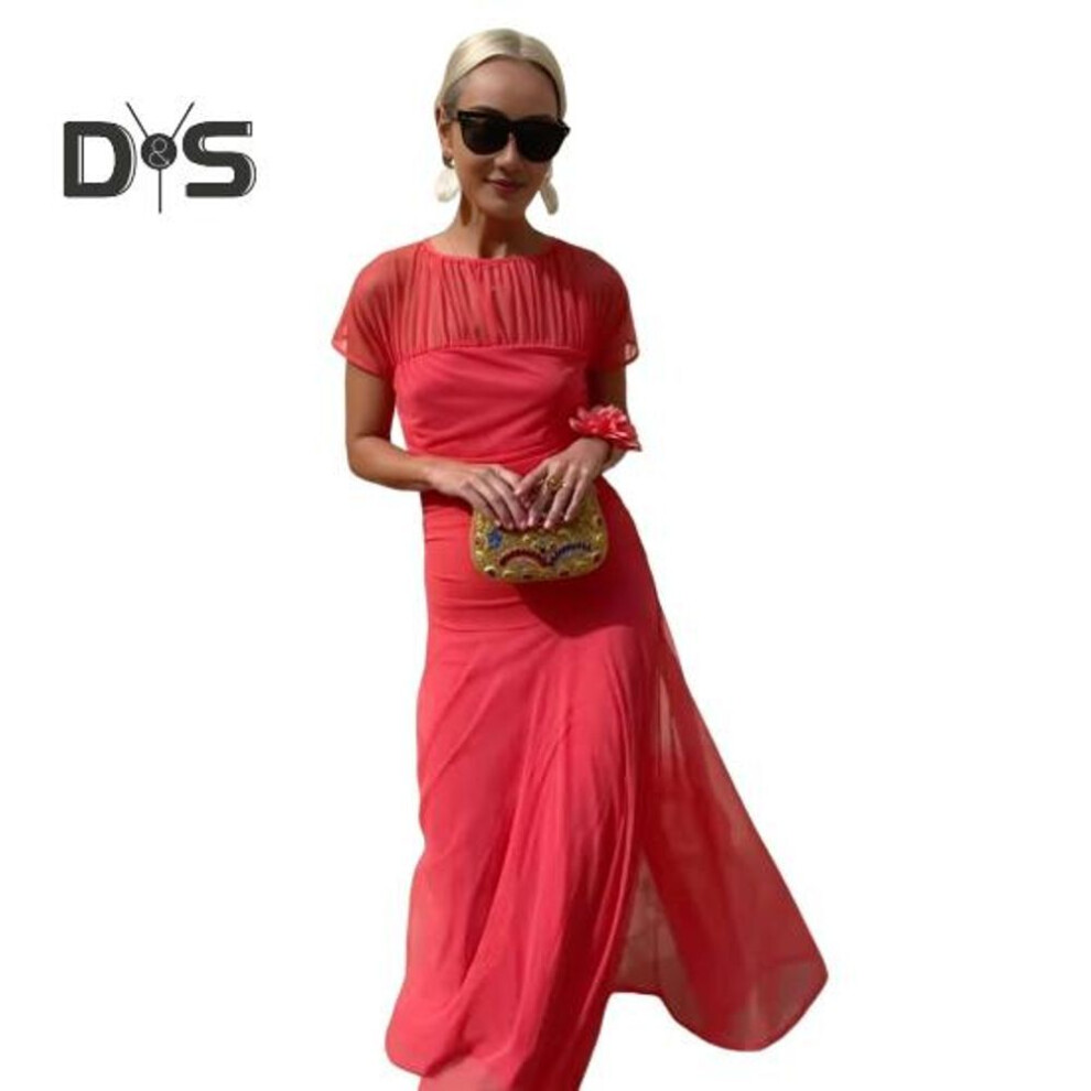 (red, XL) Women's Sheer Mesh Dress Casual Short Sleeve O Neck Pleated Long Dress Waist-cinching Club Party Dresses Lady Slim Evening Vestidos