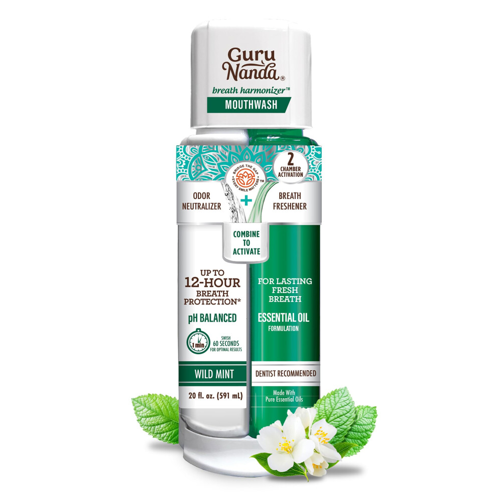 Gurunanda Dual Barrel Breath Harmonizer Mouthwash - Freshens Breath - Alcohol & Fluoride Free With Sodium Chlorite & Essential Oils - Wild Mint Flavor, 20 Fl Oz
