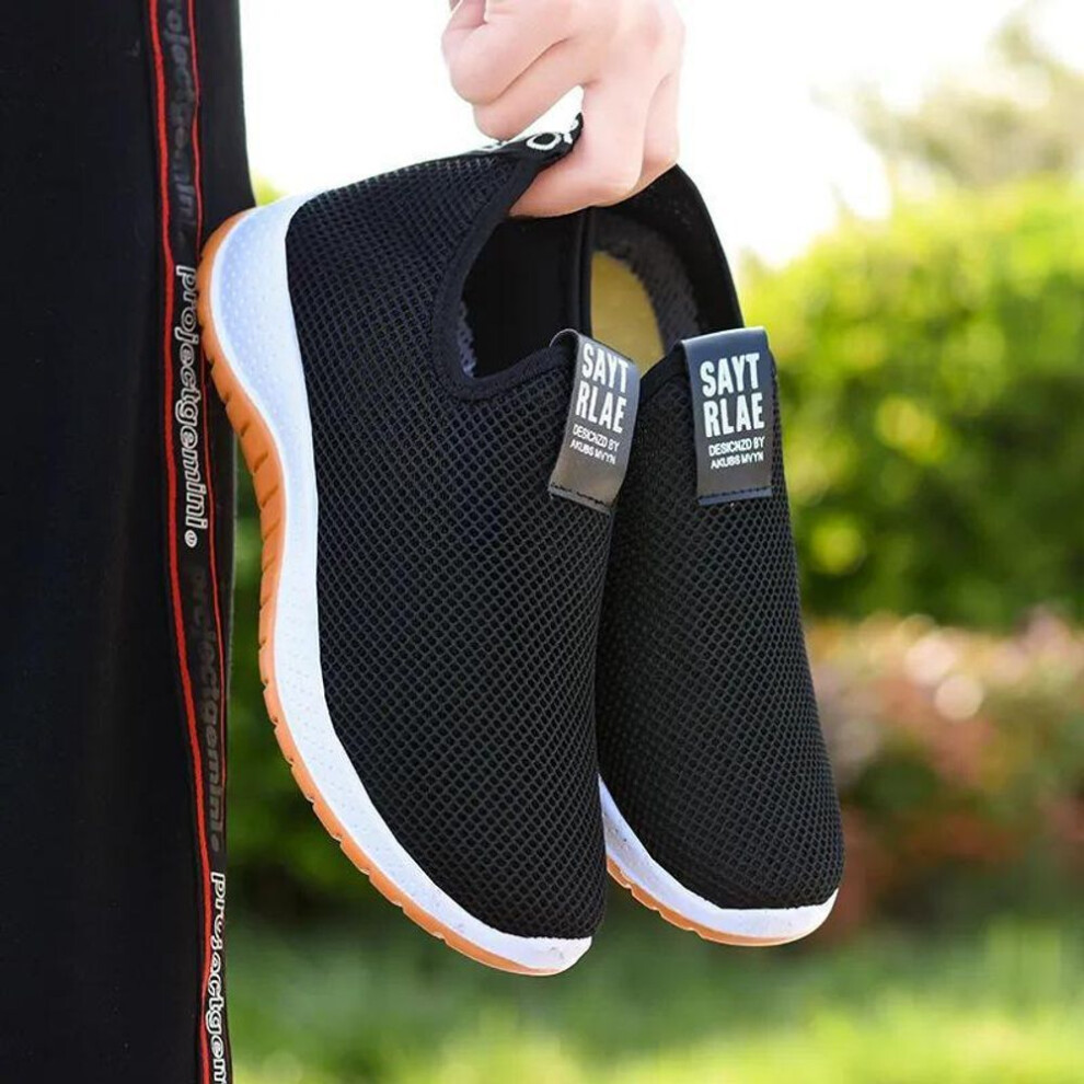 (black, mesh, 44) Men's Slip-On Canvas Walking Shoes with Thick-Sole for Older Adults