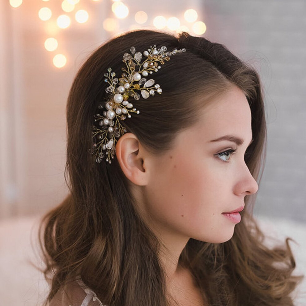 Kercisbeauty Wedding Bridal Bridesmaids Flower Girl Crystal And Pearl Side Hair Comb Slide Headpiece Long Curly Bun Hair Accessories For Prom(Rose Gold)