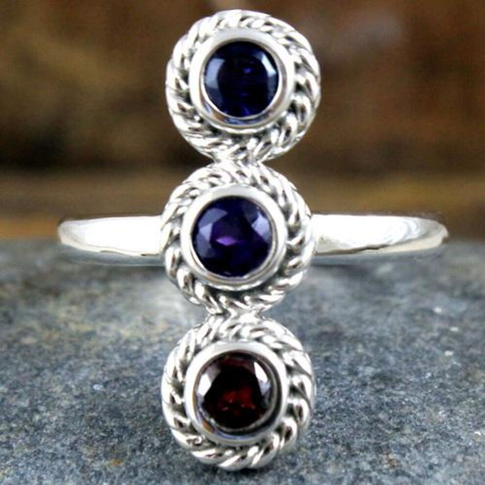 (red, 11) Three Stone Ring, Handmade Jewelry, 925 Sterling Silver, Silver Ring, Gemstone Jewelry