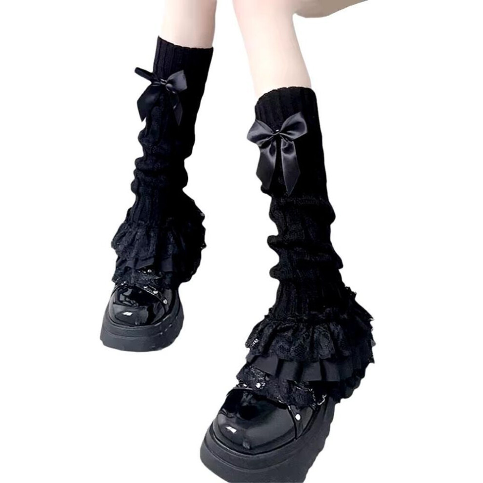 (black, One size) Japanese Women Knitted Leg Warmer Bow Tiered Ruffled Socks Girl Lace Lolita Socks Calf T-shaped Lace Leg Horn Warmers Women