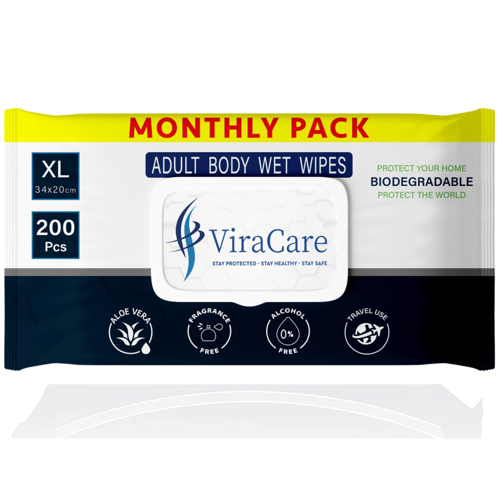 Viracare White 200 Biodegradable Adult Wipes - Intimate & Body Wipes With Aloe Vera | Extra Large Size 34 X 20 Cm