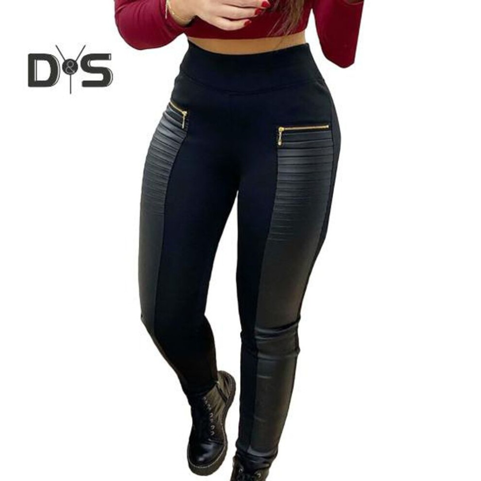 (black, 2XL) Women Pants Faux Leather Zipper Decor Patchwork Color Matching Mid Waist Casual Slim Fit Elastic Pleated Butt lifted Lady Long Trousers