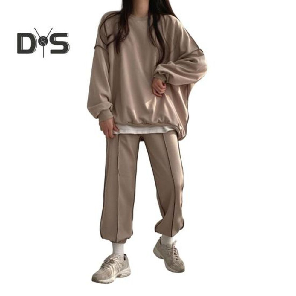 (khaki, XXXL) 2 Pcs/set Women Top Pants Set Round Neck Long Sleeves Solid Color Sweatshirt Elastic Waist Loose Trousers Sport Outfit Fall Spring Tracksuit
