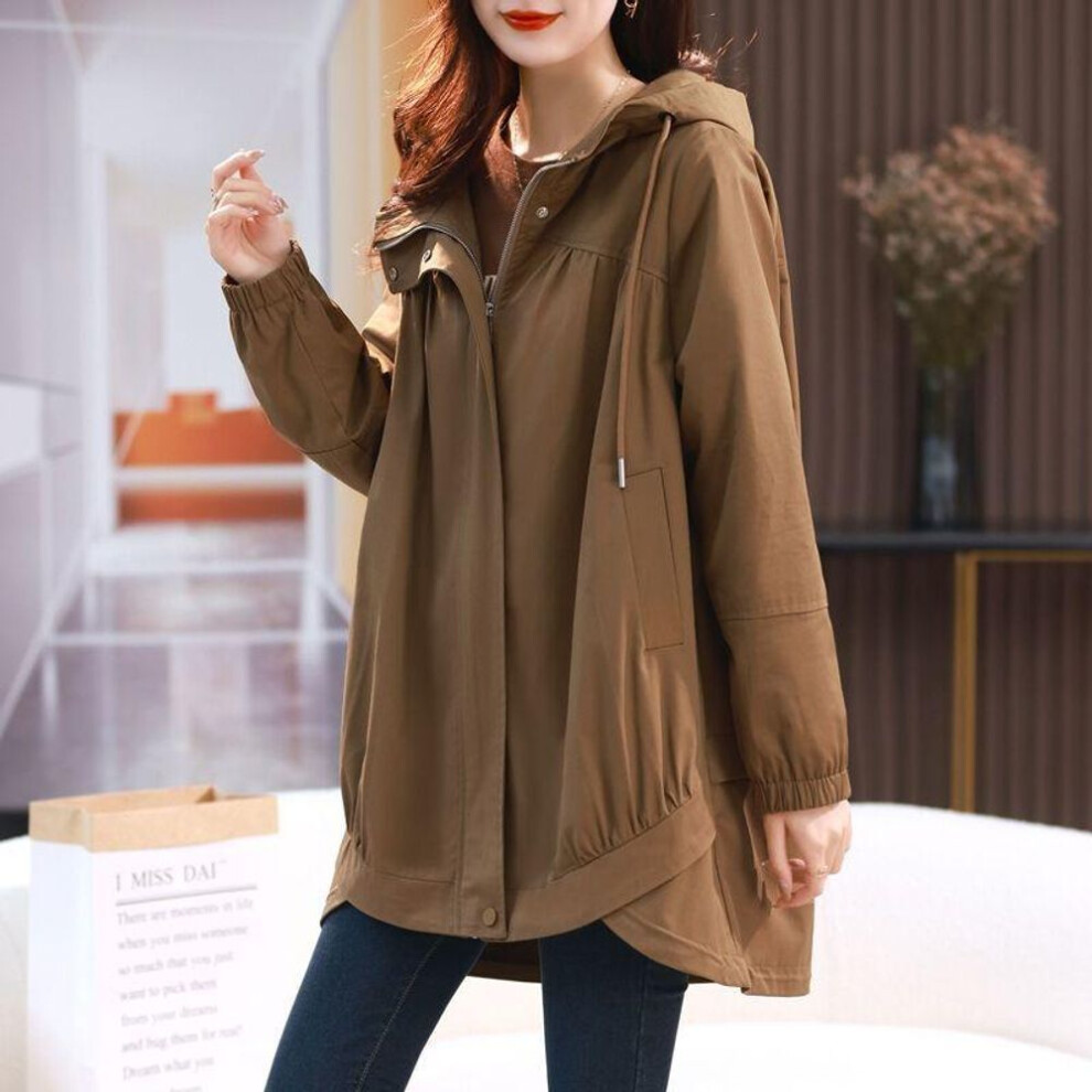 (brown, 3XL) Women's Spring and Autumn Plus Size Hooded Zipper Section Medium Long Loose and Thin Windbreaker Jacket