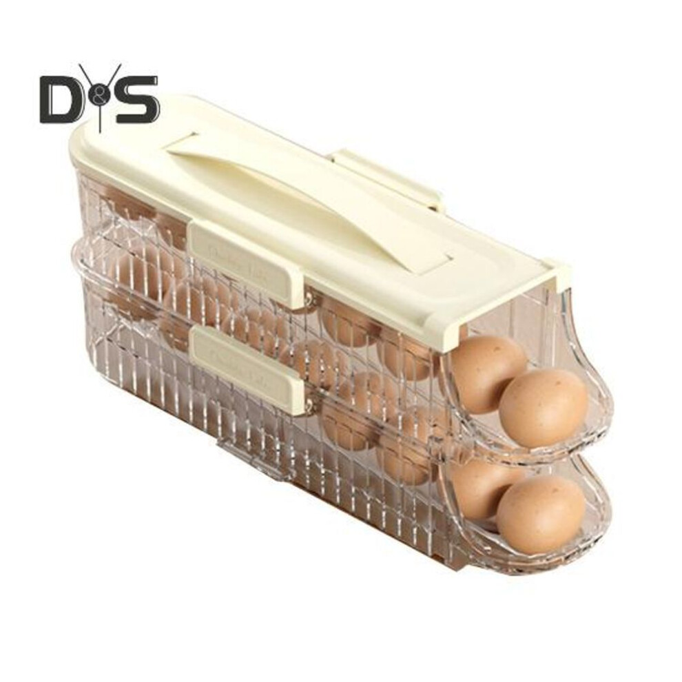 (white, Dual Layer) Refrigerator Egg Storage Box Automatic Rolling Egg Organizer Large Capacity Transparent Stackable Egg Dispenser with Lid