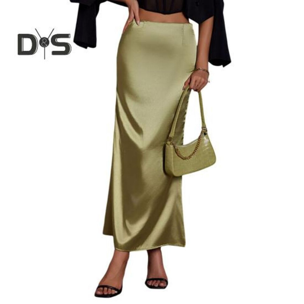 (XL, green) Women Fishtail Skirt with Large Hem High Waist Hip Wrapped Imitation Silk Maxi Skirt Solid Color Slimming Satin Skirt