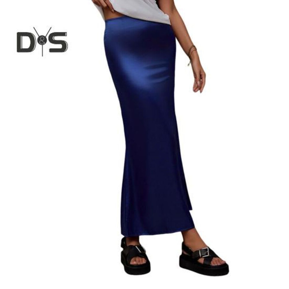(S, navy blue) Women Fishtail Skirt with Large Hem High Waist Hip Wrapped Imitation Silk Maxi Skirt Solid Color Slimming Satin Skirt