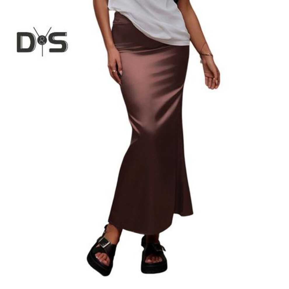(XL, coffee) Women Fishtail Skirt with Large Hem High Waist Hip Wrapped Imitation Silk Maxi Skirt Solid Color Slimming Satin Skirt