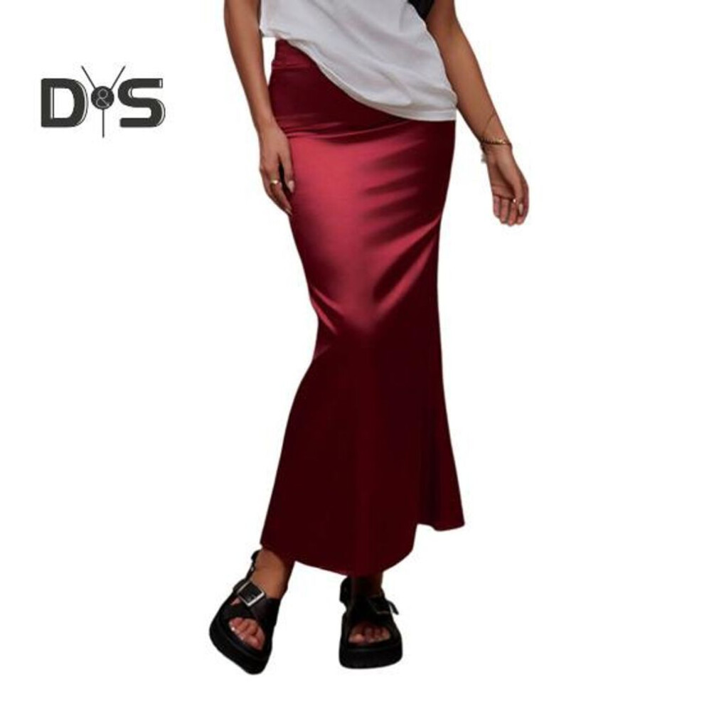 (M, wine red) Women Fishtail Skirt with Large Hem High Waist Hip Wrapped Imitation Silk Maxi Skirt Solid Color Slimming Satin Skirt