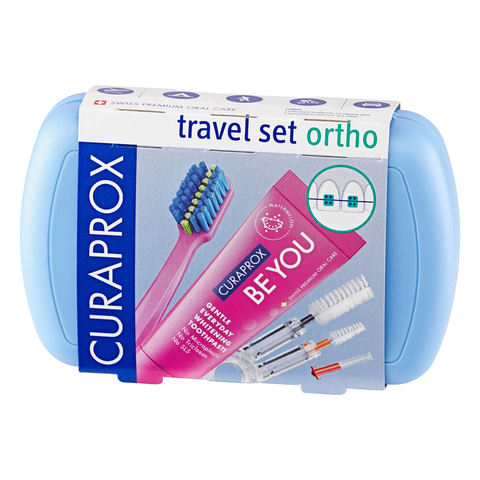Curaprox, Ortho Travel Set, Blue – Compact Oral Care Kit for Orthodontic Care with Ortho Toothbrush, 10ml Whitening Toothpaste, and Interdental