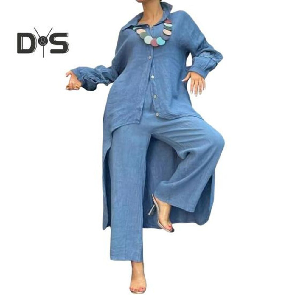 (blue, XL) 2 Pcs/set Fall Spring Women Shirt Pants Set Long Sleeves Lapel Lace Cuff Button-down Irregular Hem Blouse Elastic Waist Trousers Ol Commuting Sport