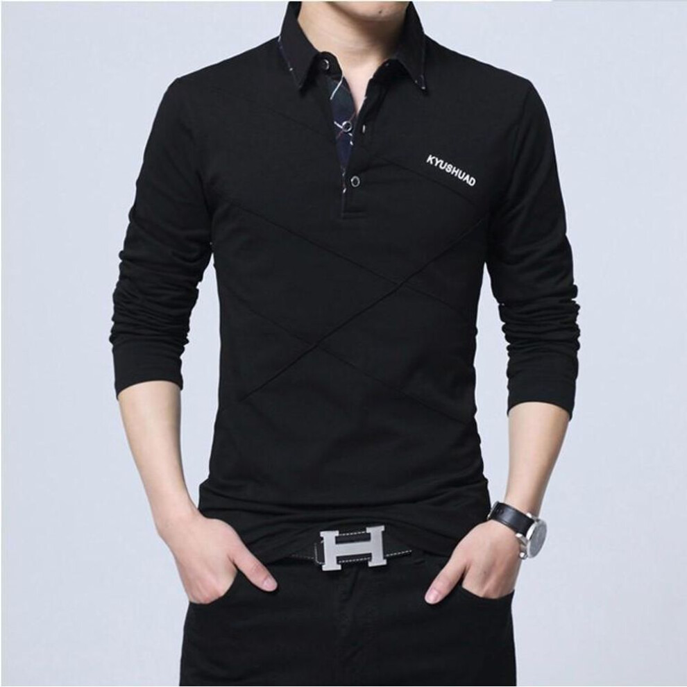 (black, velvet; XL) Men's Long-Sleeve Striped Polo Shirt - Plush Autumn/Winter Top
