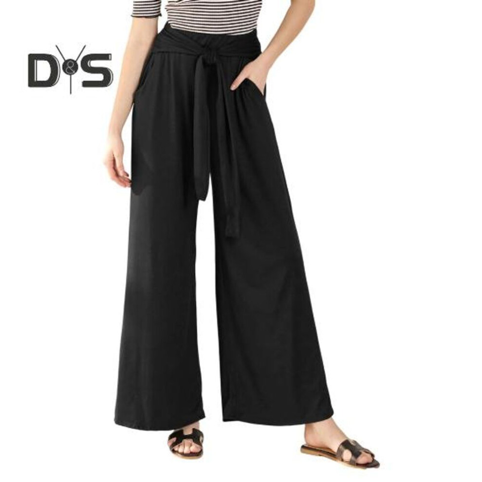 (black, XXL) Women Pants Elastic High Waist Lace-up Casual Long Trousers with Pockets Solid Color Loose Fit Leisure Work Pants