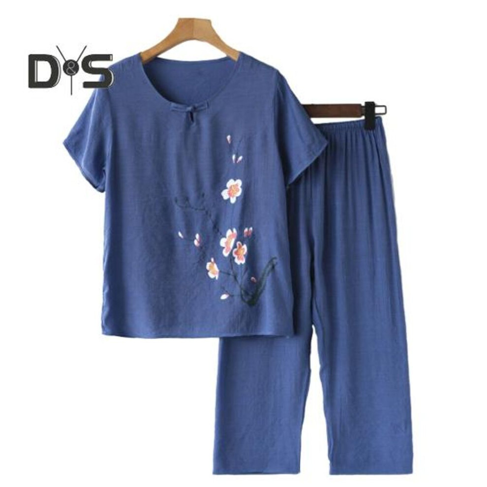 (blue, 4XL) Cotton Linen Two Piece Outfit for Elderly Women Loose Floral Short Sleeve Crewneck Top And Wide Leg Pants Set Casual Lounge Homewear