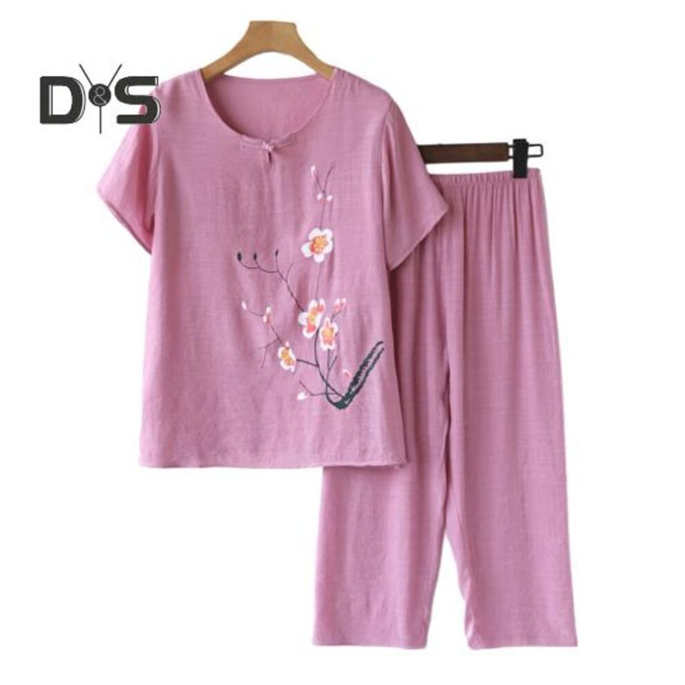 (pink, XL) Cotton Linen Two Piece Outfit for Elderly Women Loose Floral Short Sleeve Crewneck Top And Wide Leg Pants Set Casual Lounge Homewear
