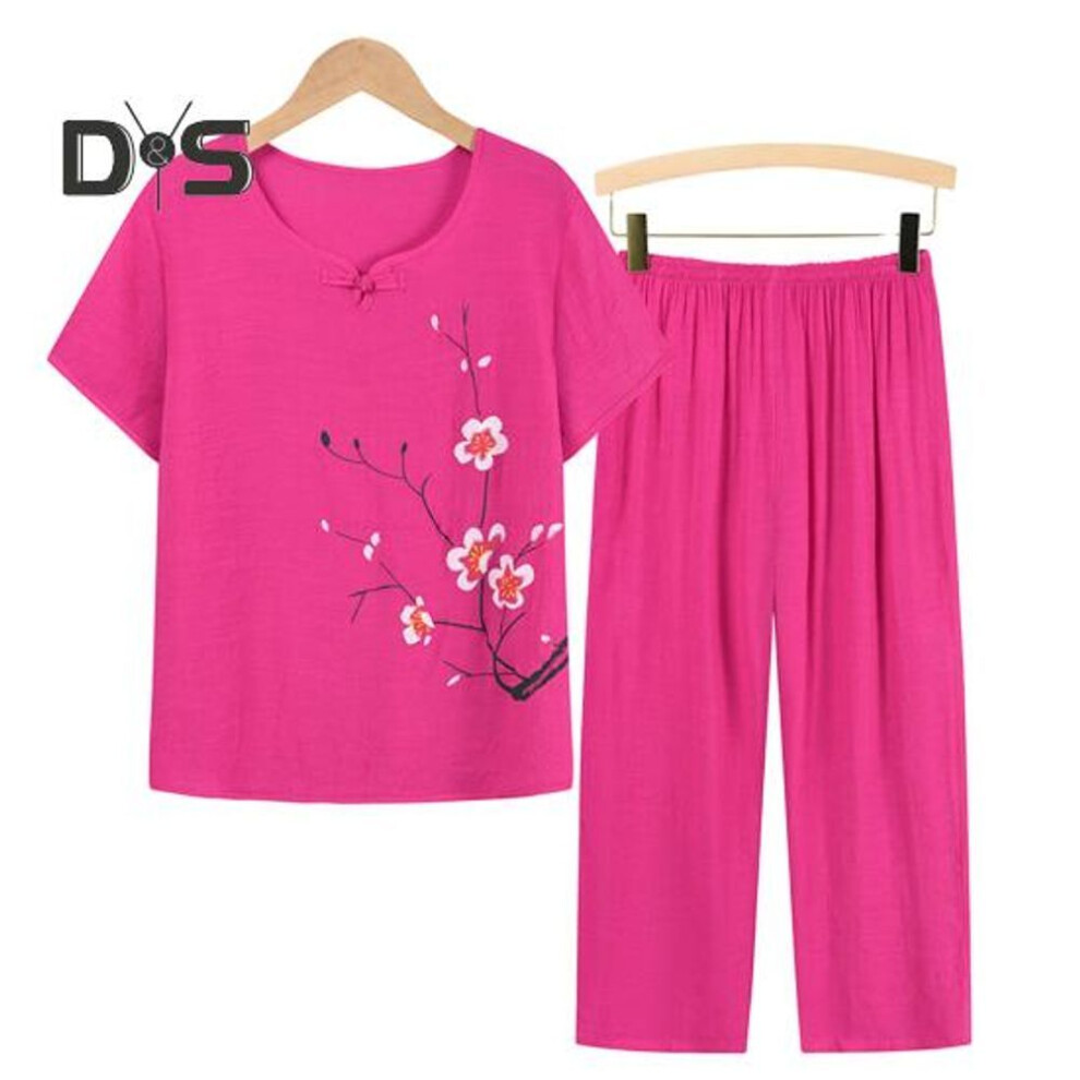 (rose red, XL) Cotton Linen Two Piece Outfit for Elderly Women Loose Floral Short Sleeve Crewneck Top And Wide Leg Pants Set Casual Lounge Homewear