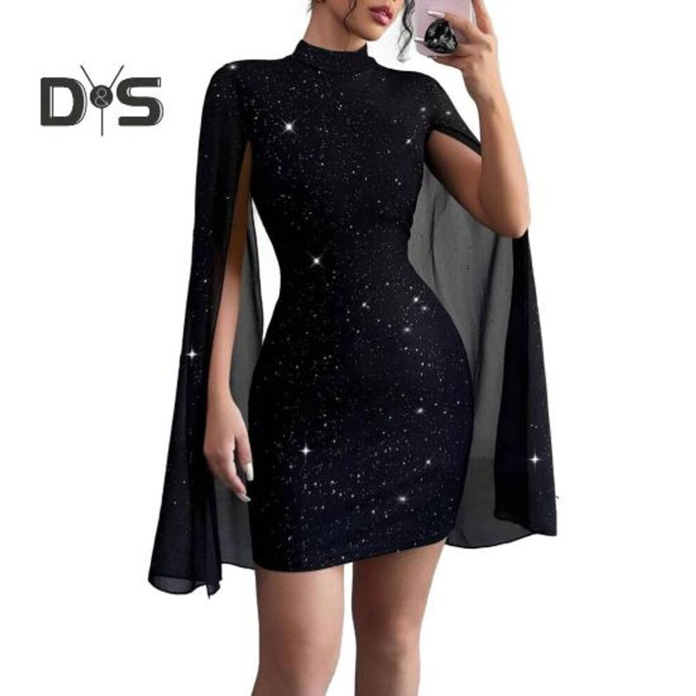 (black, XL) Women's Cape Sleeve Dress Mock Neck Bodycon Mini Dress Sexy Shiny Chiffon Cloak Sleeve Cocktail Dress for Wedding Evening Party