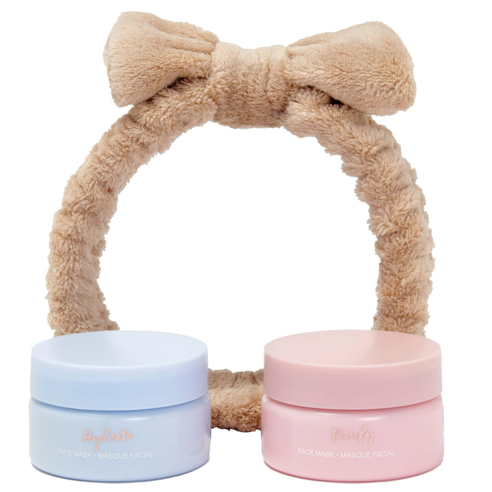 Facial Skincare Gift Set - Hydrating Hyaluronic Acid Face Mask & Purifying Pink Clay Face Mask - Contains a Soft Headband with Bow - Vegan & Cruelty