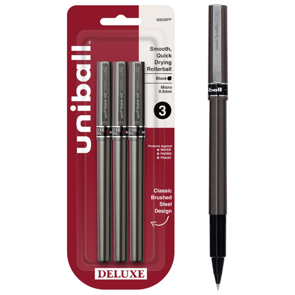 Uni-Ball Deluxe Rollerball Pens, Micro Point (0.5Mm), 3 Count Black