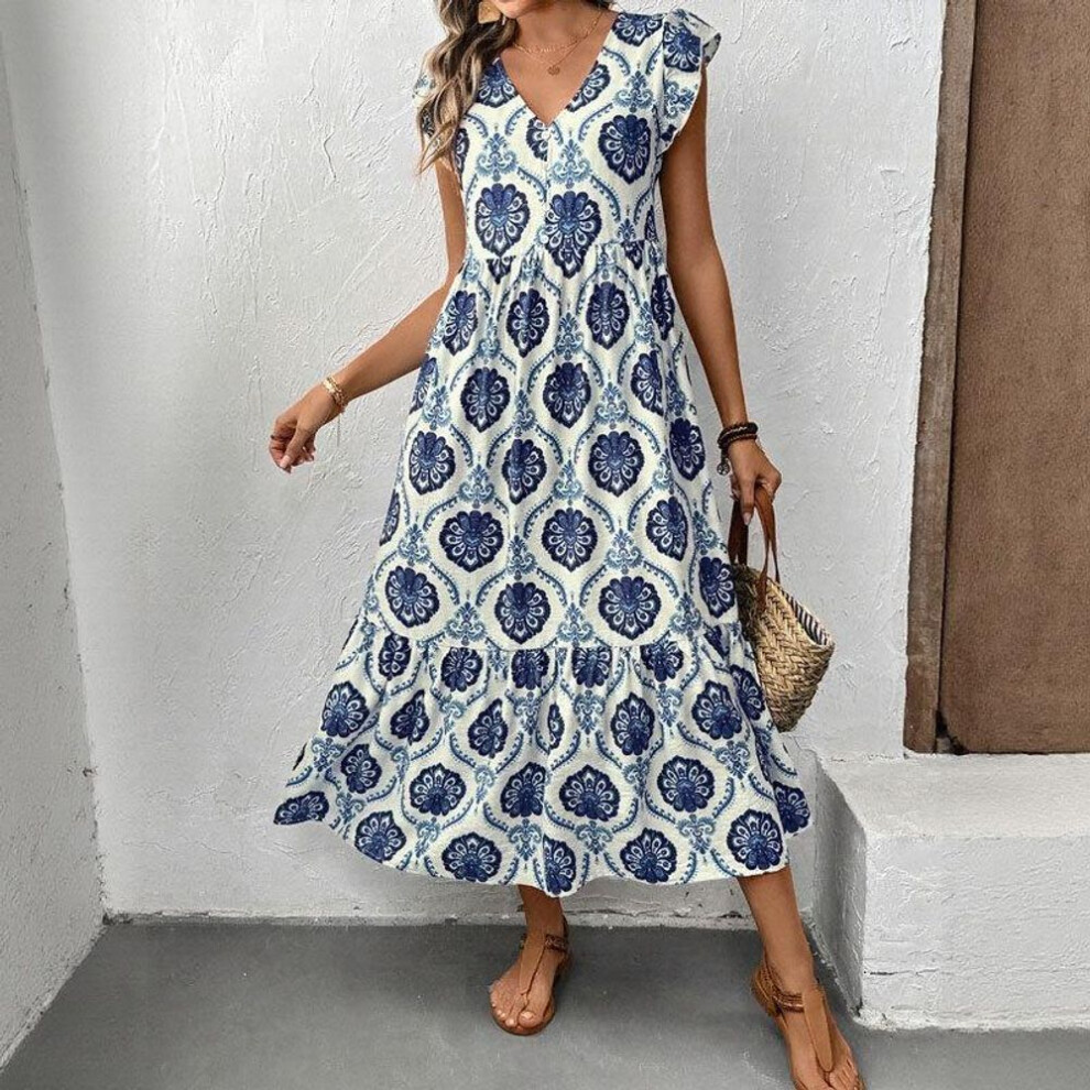 (blue, XL) Women's Summer French Holiday Style Loose Deep V-neck Print Long Dress