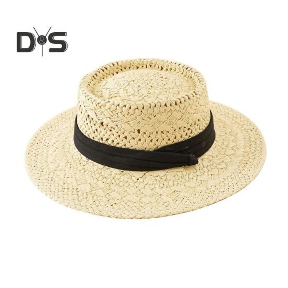 (as the picture, A) Women Summer Sun Hat Straw Braided Retro English Style Flat Top Hollow Out Solid Color Wide Brim Anti-uv Sun Protection Vacation Beach Cap