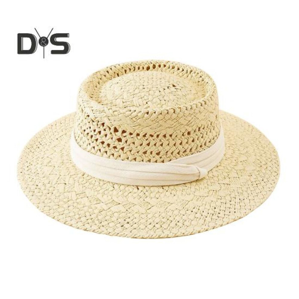 (as the picture, B) Women Summer Sun Hat Straw Braided Retro English Style Flat Top Hollow Out Solid Color Wide Brim Anti-UV Sun Protection Vacation Beach Cap