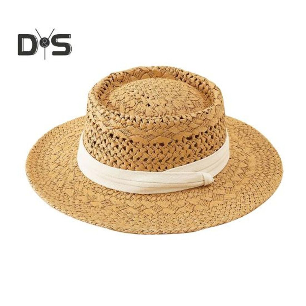 (as the picture, D) Women Summer Sun Hat Straw Braided Retro English Style Flat Top Hollow Out Solid Color Wide Brim Anti-uv Sun Protection Vacation Beach Cap