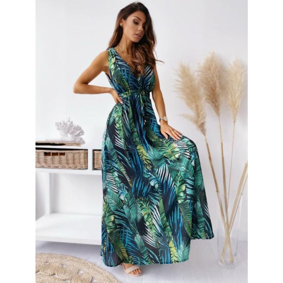 (green, XXL) Women's Summer Dress Chiffon Print Halter Strap Swing Dress