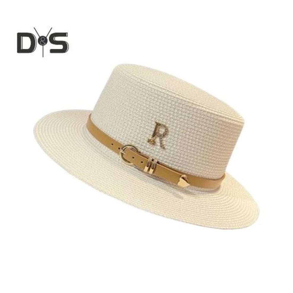 (ivory) Women Sumemr Belt Letter Decor Rhinestone Flat Top Round Brim Retro English Style Solid Color Lightweight Vacation Beach Cap