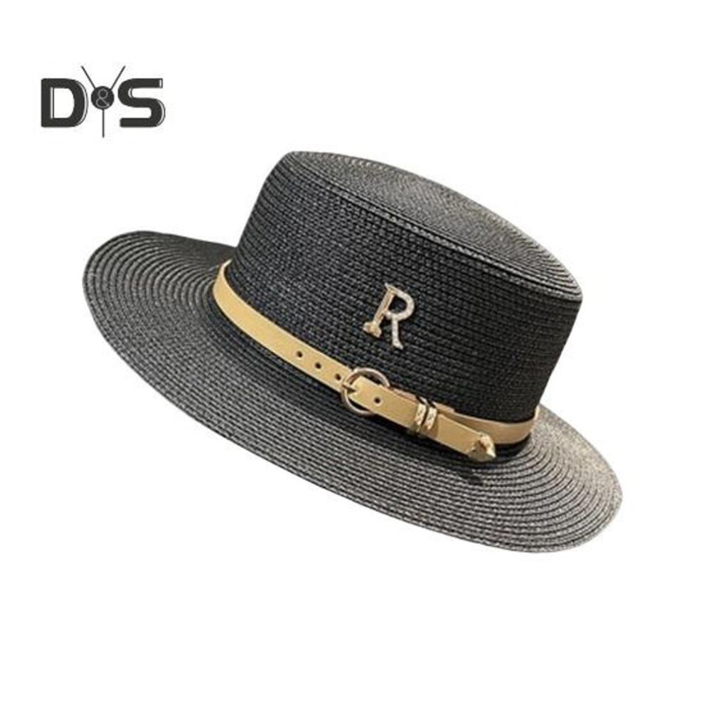 (black) Women Sumemr Belt Letter Decor Rhinestone Flat Top Round Brim Retro English Style Solid Color Lightweight Vacation Beach Cap